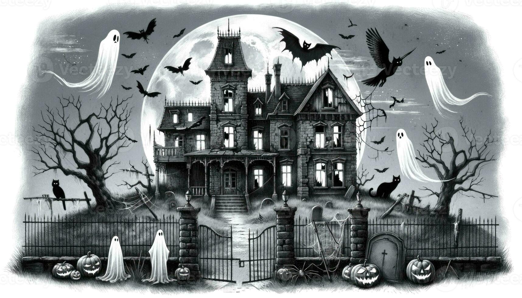 An old, abandoned mansion atop a hill with ghostly apparitions, a full moon, and various eerie creatures. AI Generated photo