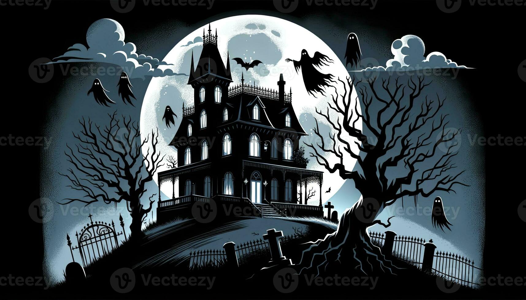 A Gothic mansion on a hill, silhouetted against a full moon, with ghostly apparitions floating around. AI Generated photo