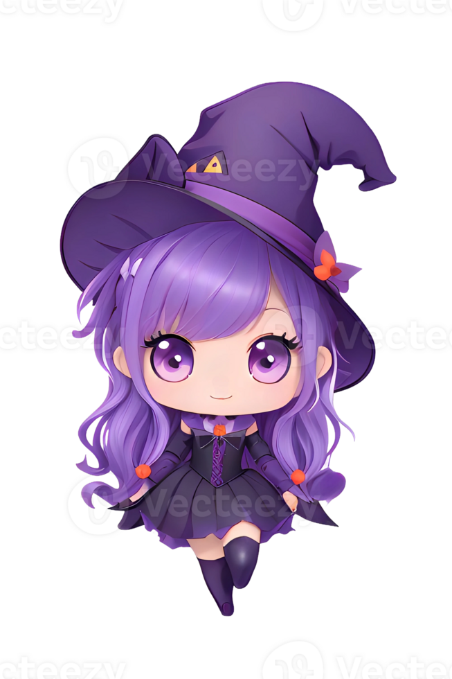 Cute kawaii chibi witch Anime cartoon style Halloween funny characters Isolated transparent background. AI Generative. PNG