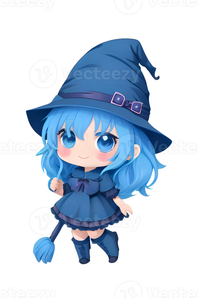 linda kawaii chibi bruja anime dibujos animados estilo Víspera de Todos los Santos gracioso caracteres aislado transparente antecedentes. ai generativo. png