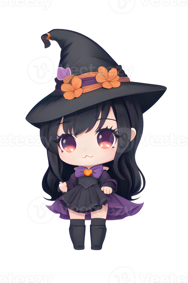 Cute kawaii chibi witch Anime cartoon style Halloween funny characters Isolated transparent background. AI Generative. PNG