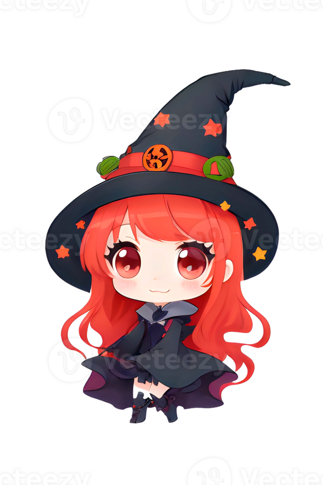 söt söt chibi häxa anime tecknad serie stil halloween rolig tecken isolerat transparent bakgrund. ai generativ. png