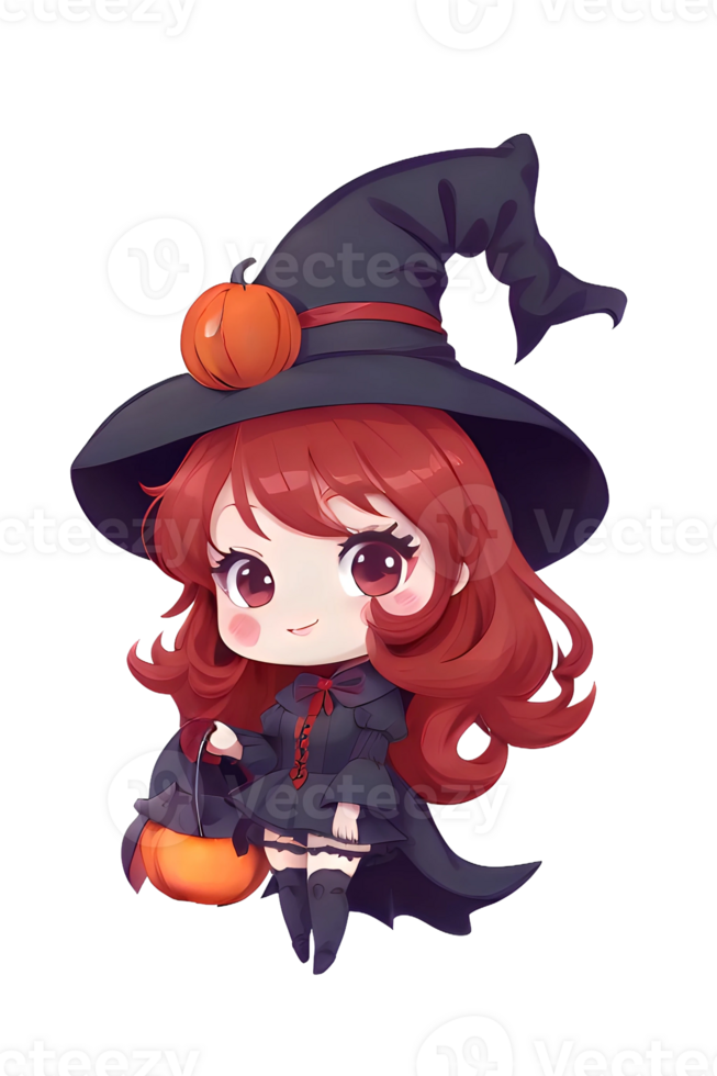 Cute kawaii chibi witch Anime cartoon style Halloween funny characters Isolated transparent background. AI Generative. PNG