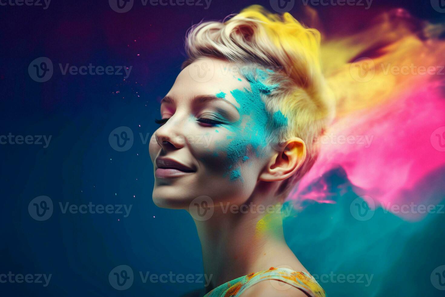 Blonde woman with short hairstyle and colorful explosion. Generate ai photo