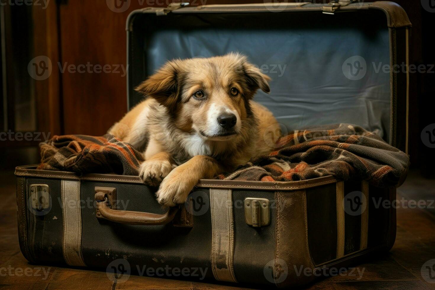 aventurero perro sentar a abierto maleta. vacaciones viaje foto