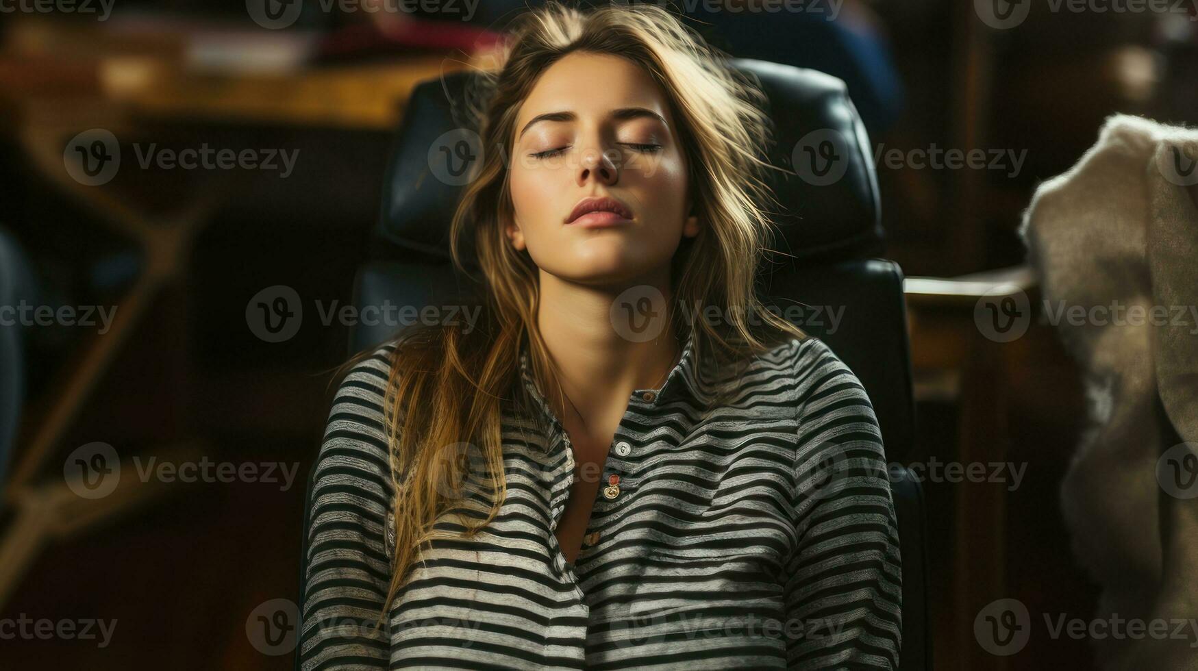 Beautiful young woman with closed eyes sitting in chair. Girl is sleeping while waiting for departure. photo