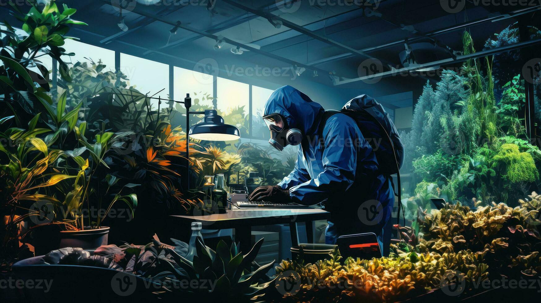 Male scientist in protective suit working in greenhouse. Research and development concept. photo