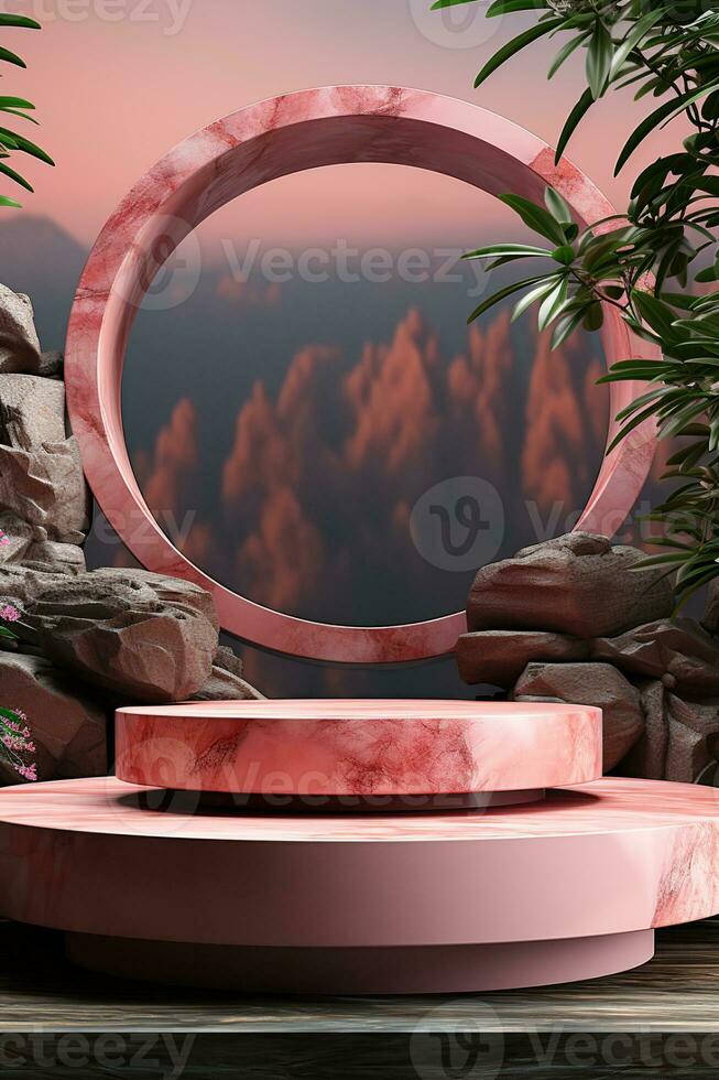 Empty stage for product. Podium, pedestal, place for product demonstration. Minimalism, stones, pink marble, leaves, plants, nature photo