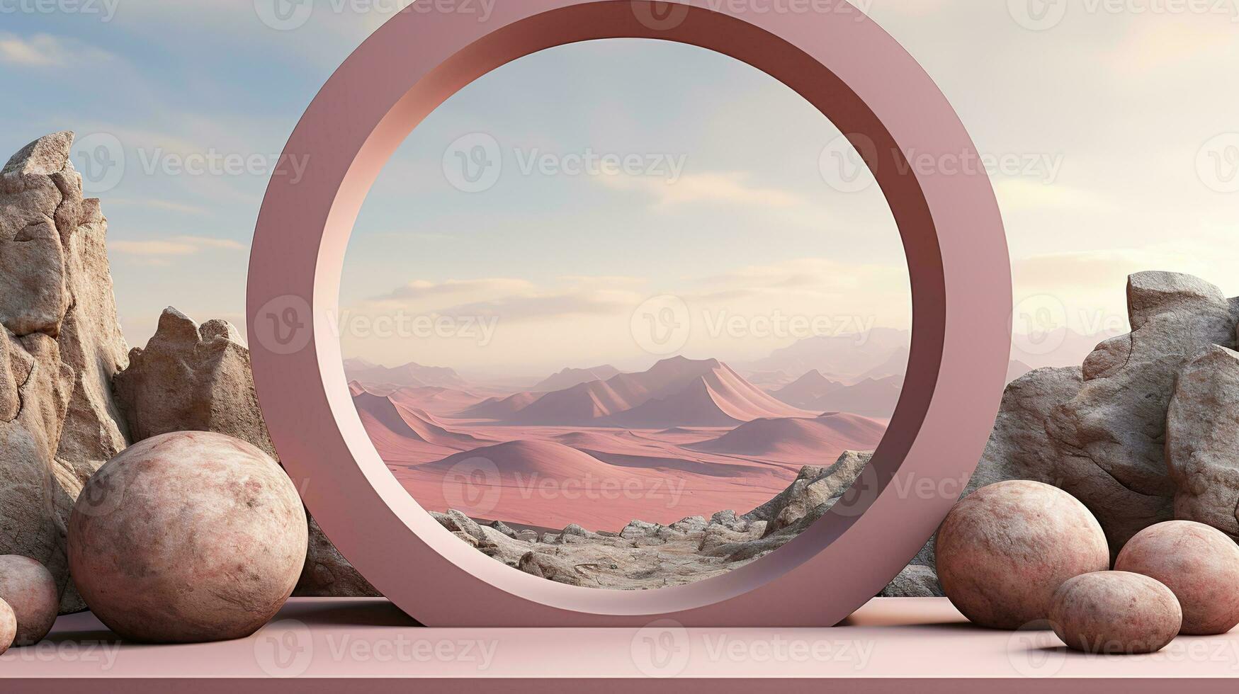 Empty stage for product. Podium, pedestal, place for product demonstration. Minimalism, stones, pink marble, leaves, plants, nature photo