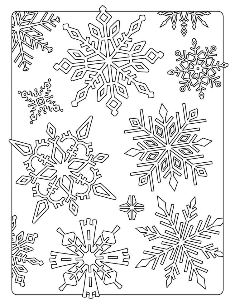 Coloring page with snowflakes of different shapes and sizes. vector