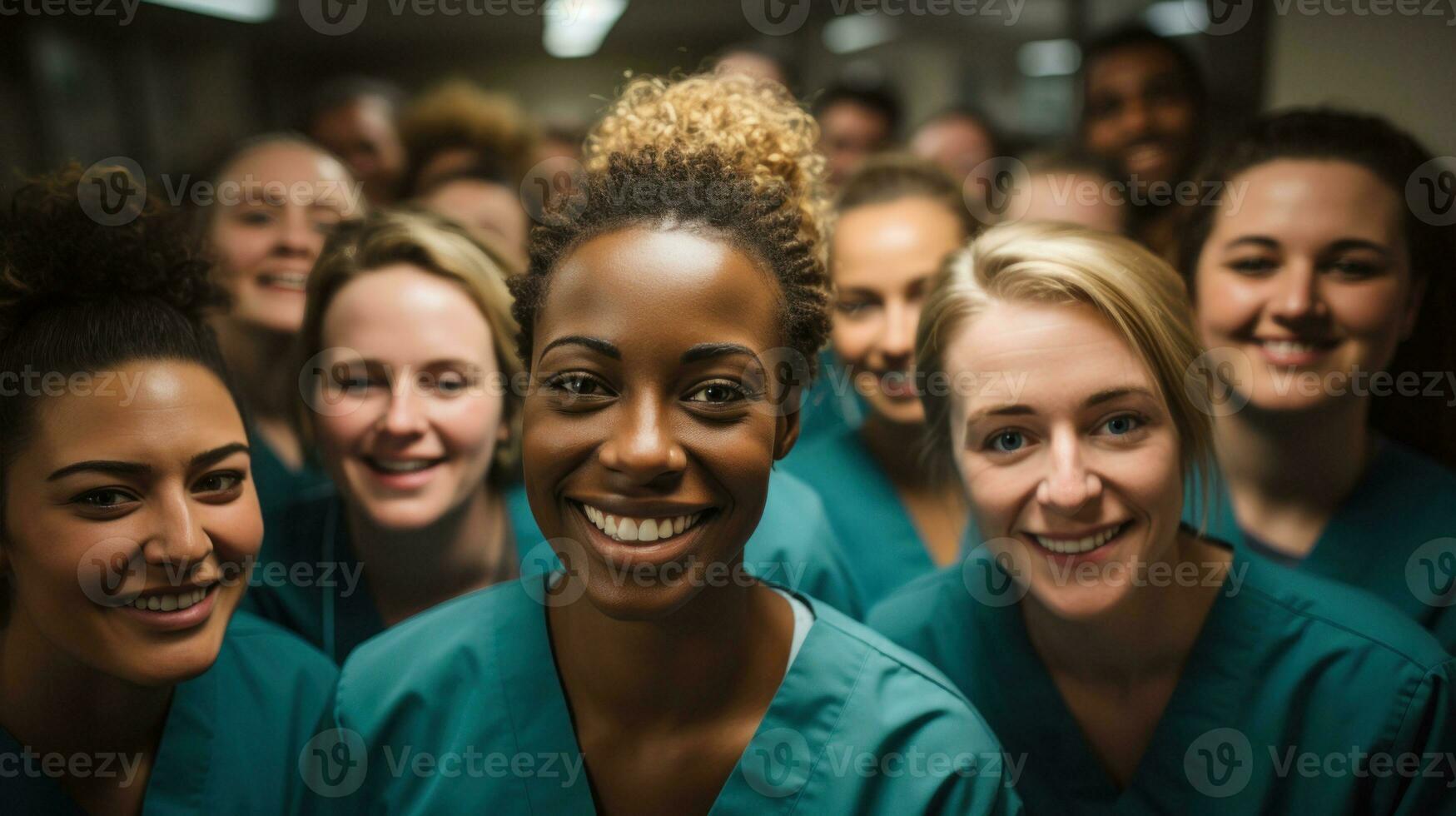 sonriente joven médico profesionales en un grupo configuración.. generativo ai foto