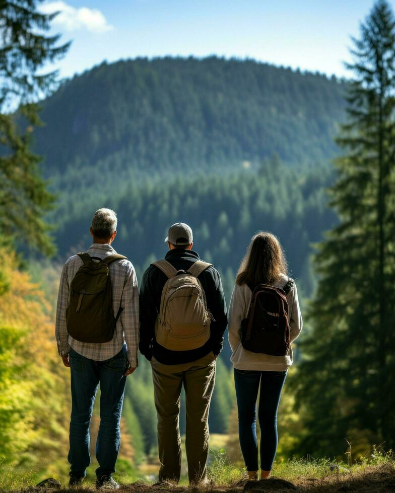 Friends exploring nature's beauty, backpacks ready for adventure.. Generative AI photo