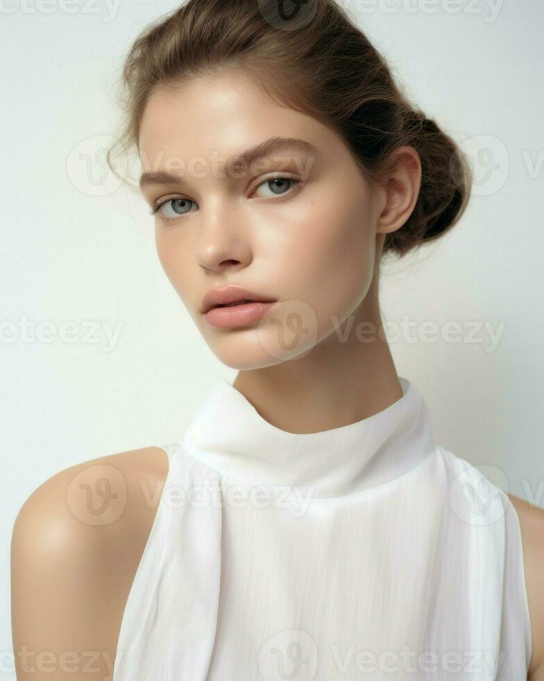 A beautiful young woman wearing a white shirt and makeup is depicted in the image. The scene is minimalist in nature.. Generative AI photo