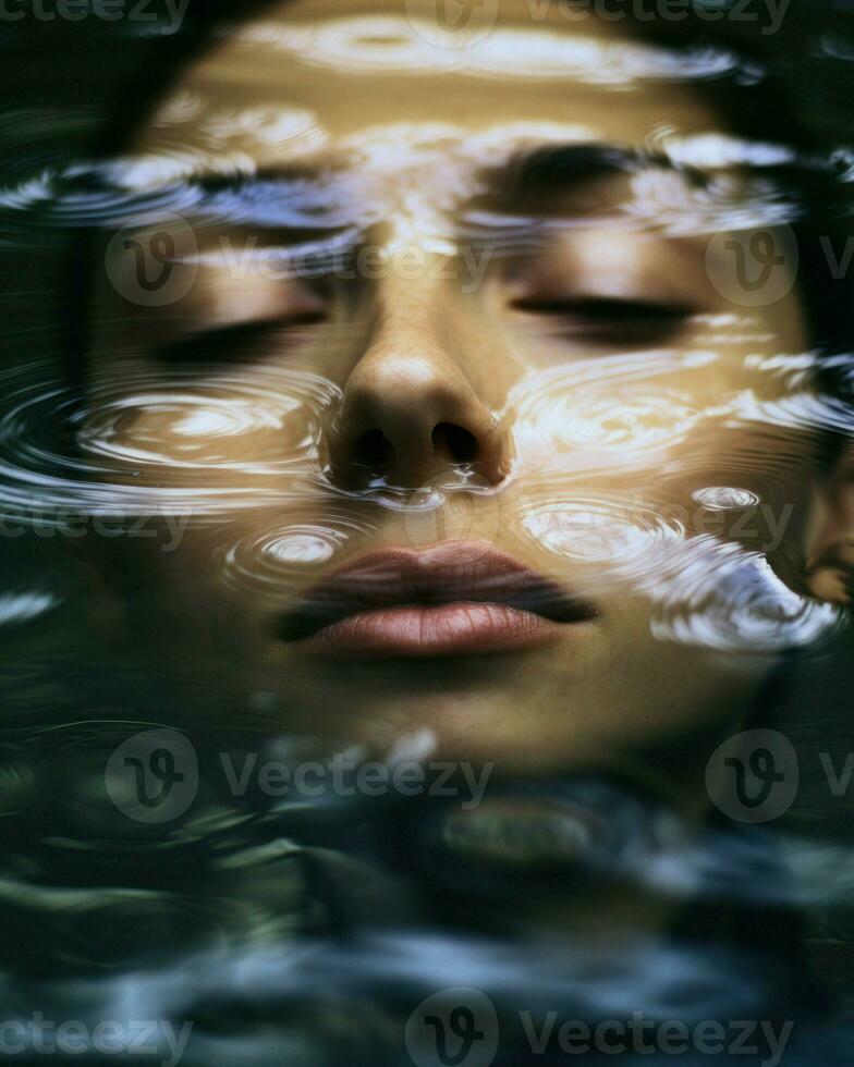 Minimalistic photography captures the peacefulness of a woman submerged in water with her eyes closed.. Generative AI photo