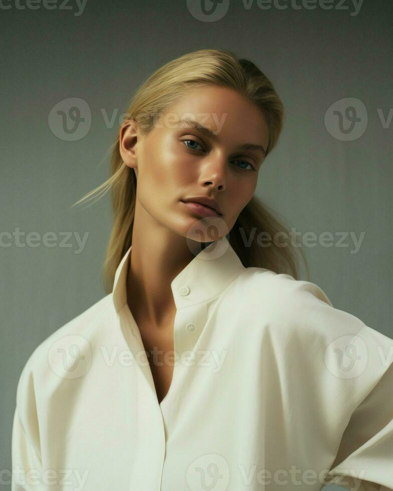 A woman wearing a white shirt and blouse is depicted in the image.. Generative AI photo