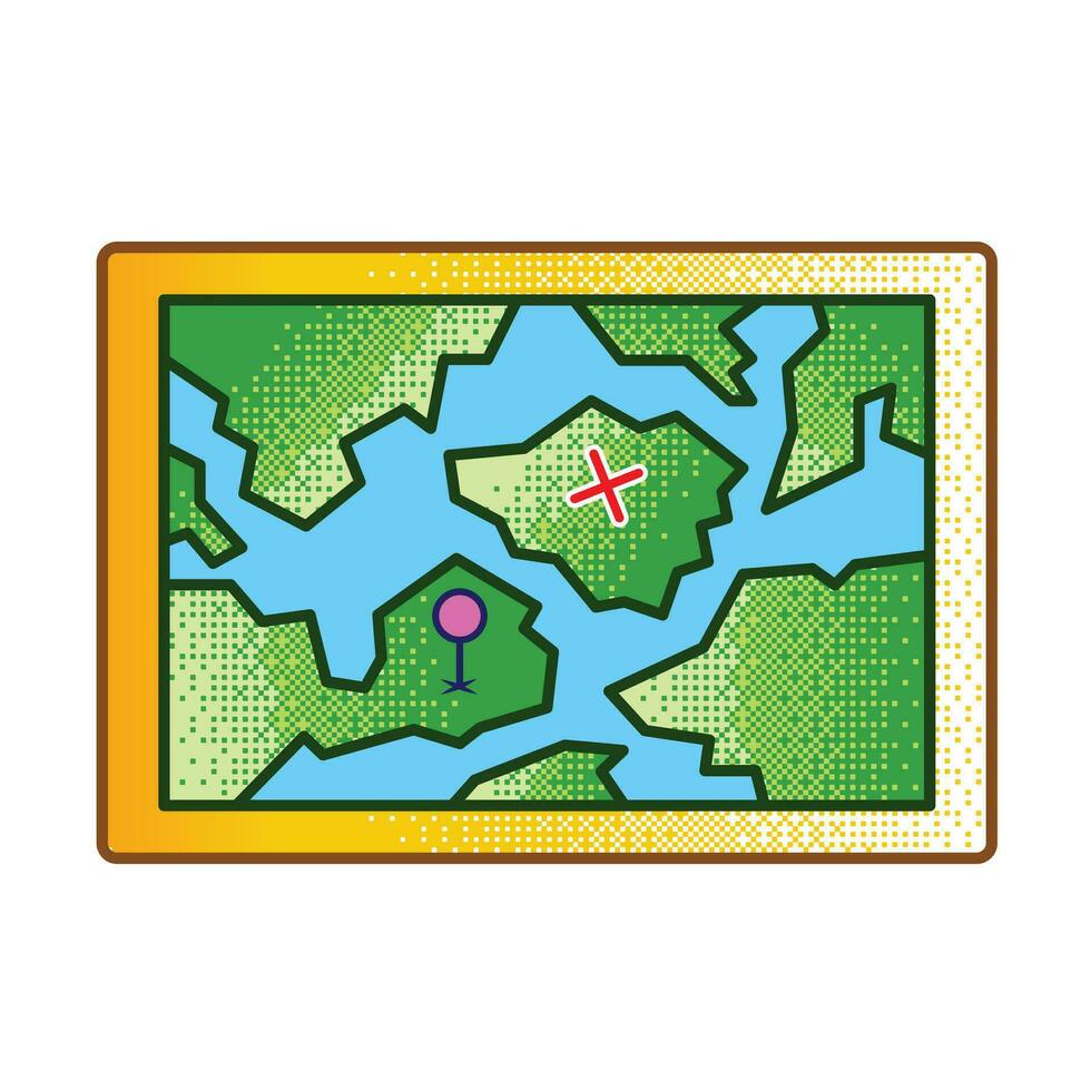 Colored map travel destination vector icon illustration isolated on square white background. Bitmap pixel coloring. Simple flat cartoon styled drawing.