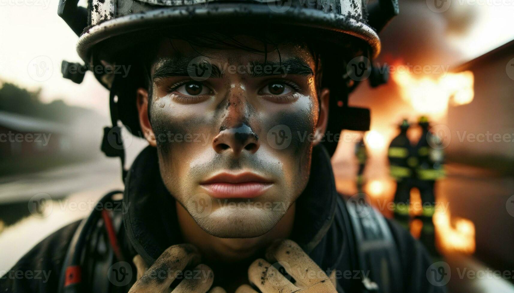 A man, adorned with black face paint, courageously battles the flames engulfing his visage.. Generative AI photo