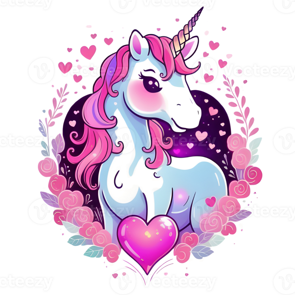 encantador bebé rosado unicornio con corazones en un mágico dibujos animados. ai generativo png