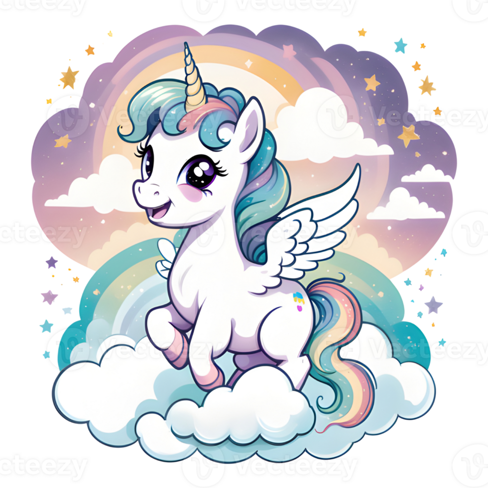 Lovely Cartoon Characters Baby Unicorn with Wings, Magic on Clouds. AI Generative png
