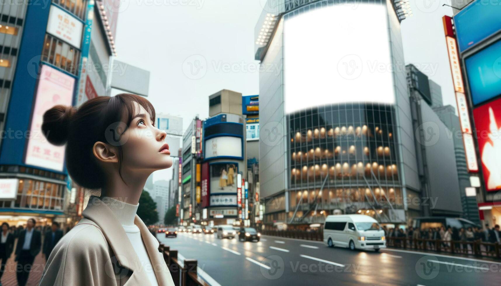 A model looking up at a blank billboard in a busy city street.. Generative AI photo