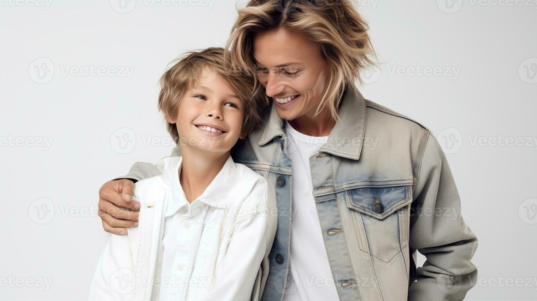 Blonde mom and her little boy hugging and smiling. Generative AI