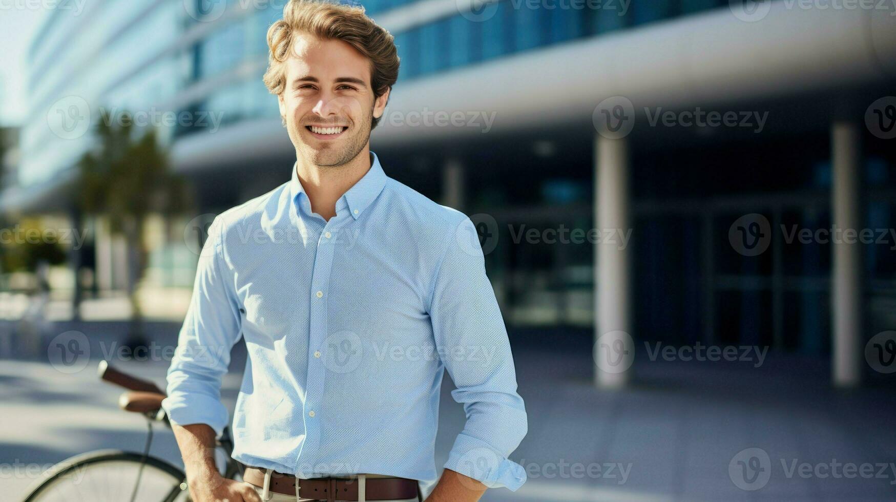 Young businessman riding his bicycle to work. Generative AI photo
