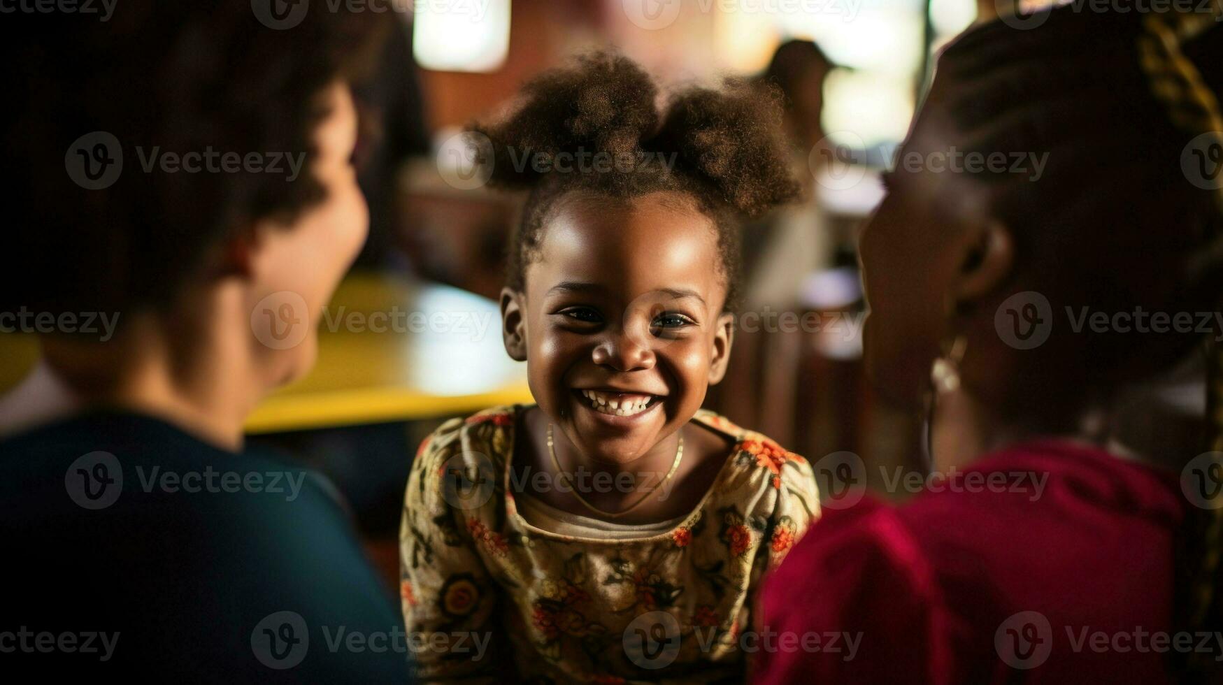 Little african american girl sitting across from her parents. Generative AI photo
