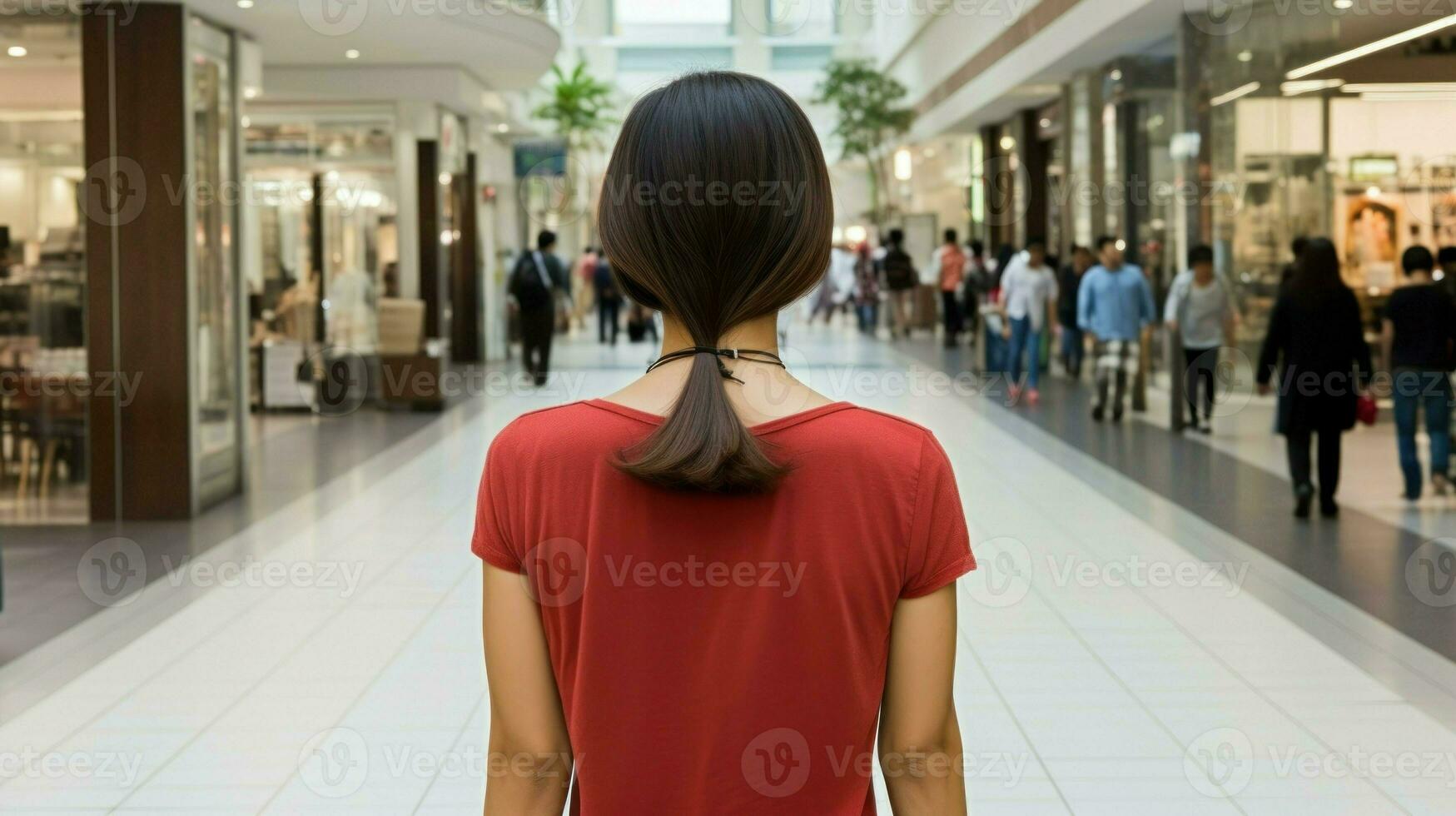 Young asian woman walking in a shopping mall. Generative AI photo