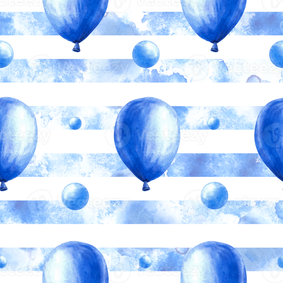 Blue air balloon with bubbles peas seamless pattern on watercolour stripes. Its a baby boy, newborn birthday party Hand painted watercolor illustration.  Wrapping, wallpaper png