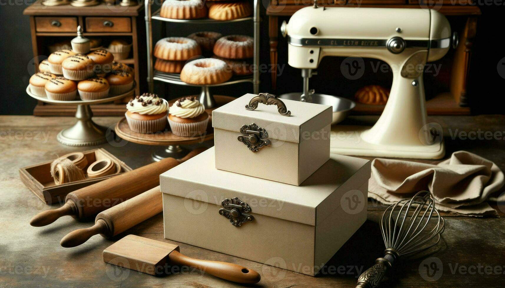 Close-up photo of blank elegant boxes thoughtfully placed near a vintage bakery setup.. Generative AI