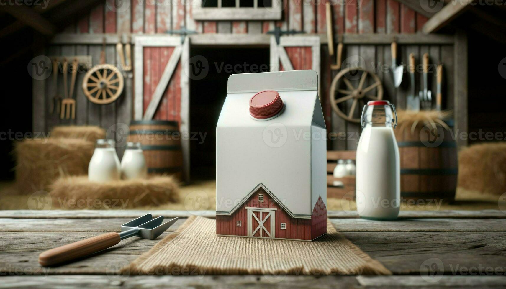 Close-up photo of blank fresh dairy packaging prominently displayed in the foreground.. Generative AI