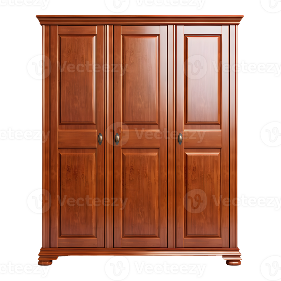 Traditional Three Door Wooden Wardrobe Front Perspective, ai generated png