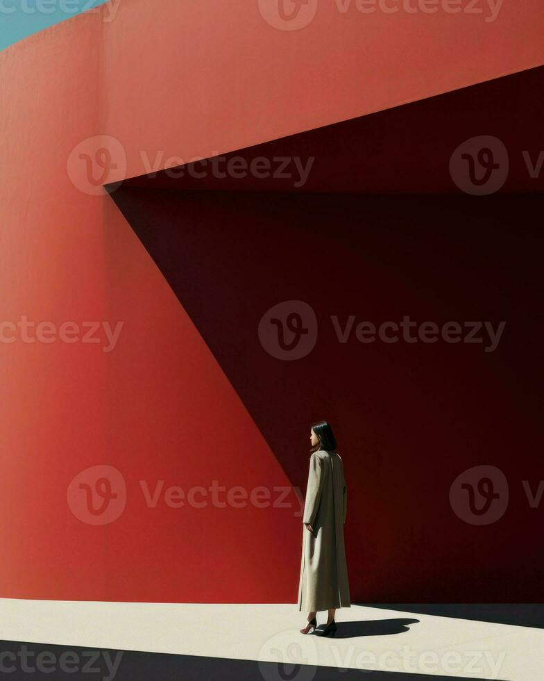 Woman in coat against red wall in minimalist setting.. Generative AI photo