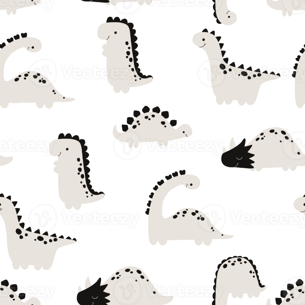 simple black and white pattern with simple flat dinosaurs. Dino endless design. Funny dinosaurs on transparent background. Perfect for textile, wall art, print, bedroom, clothes, childish room png