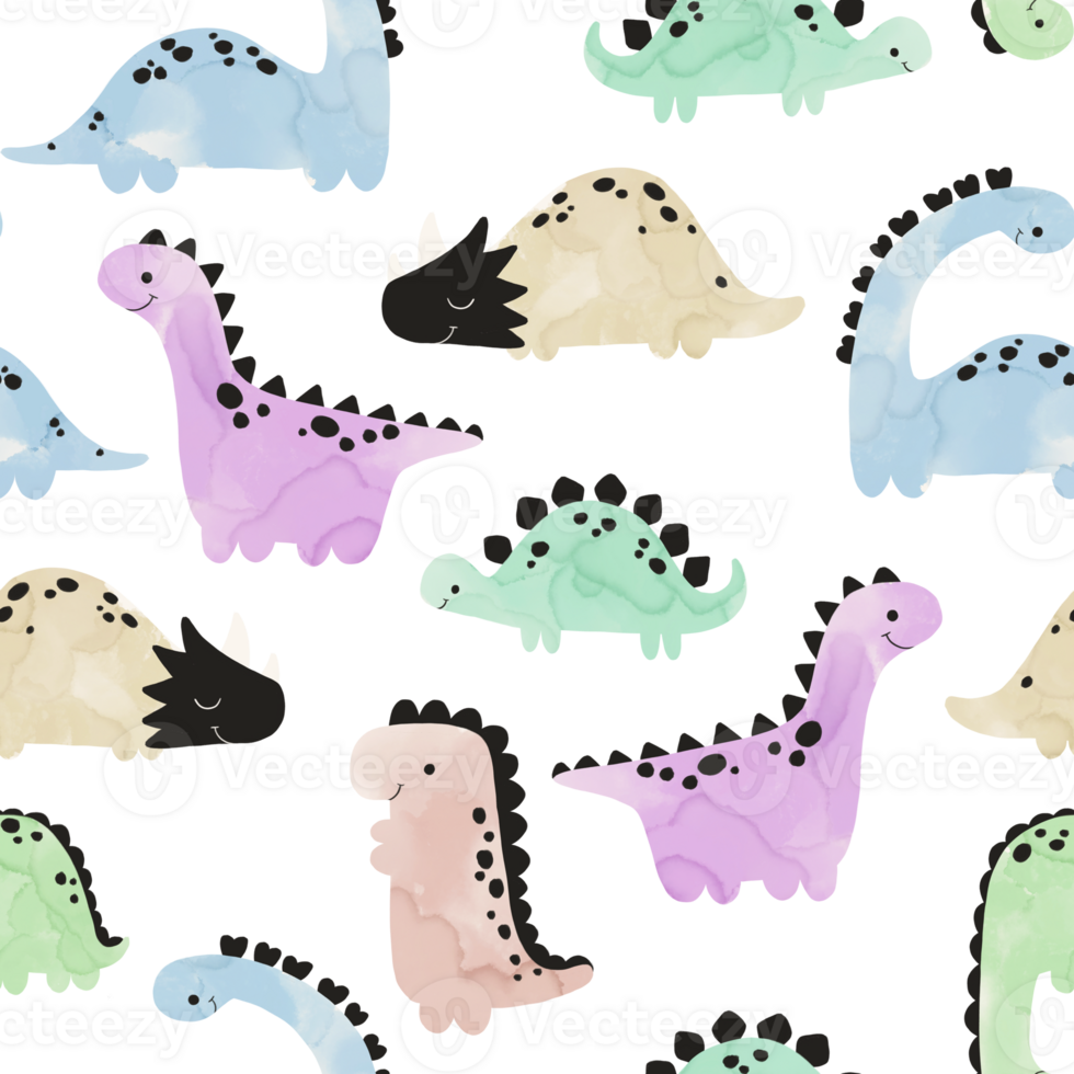 Colored dinosaurs seamless pattern. Endless design with colorful dinos. Reptile wall art. Cute monster background png