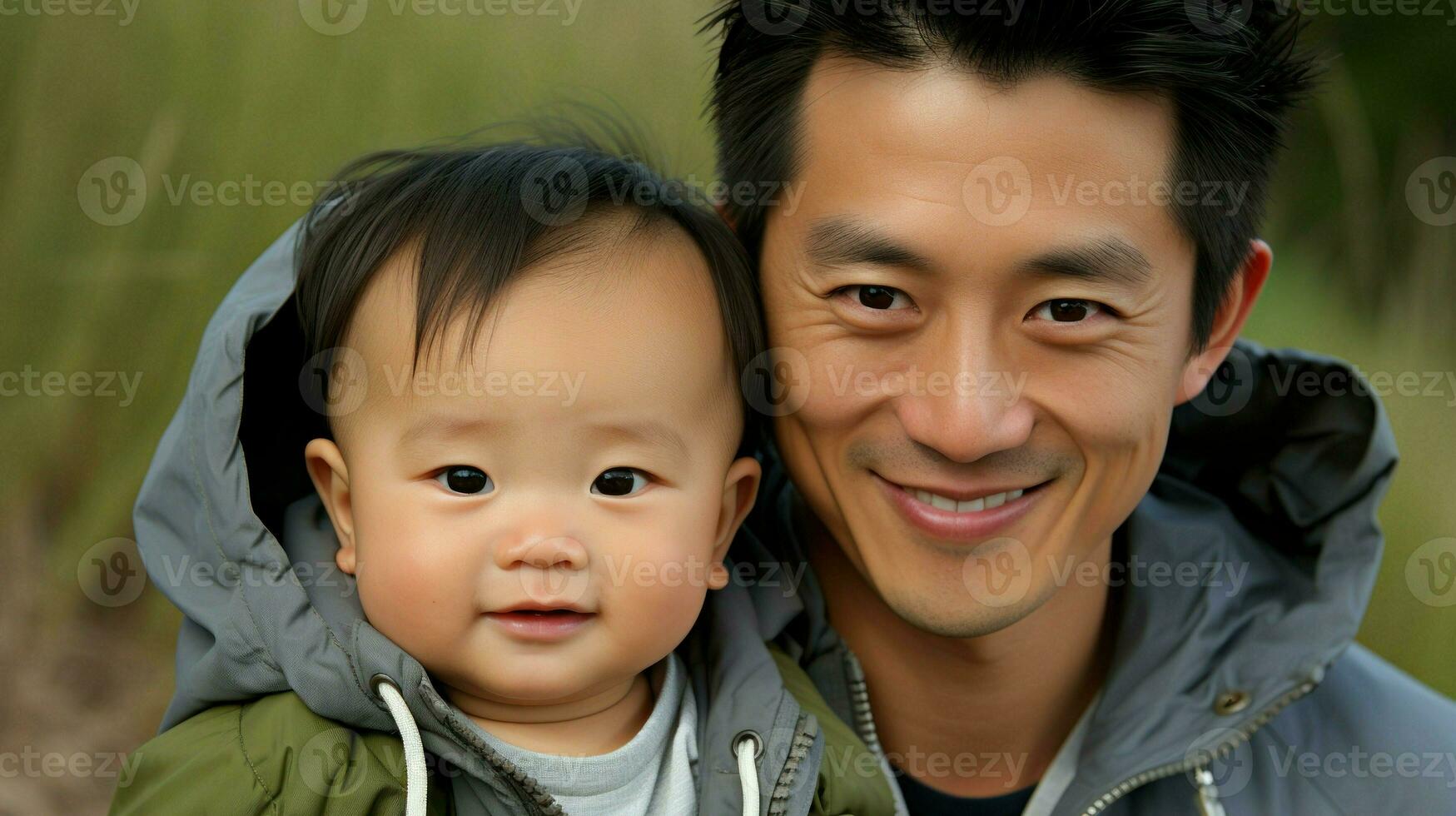 un bebé chico sonriente siguiente a su padre.. generativo ai foto