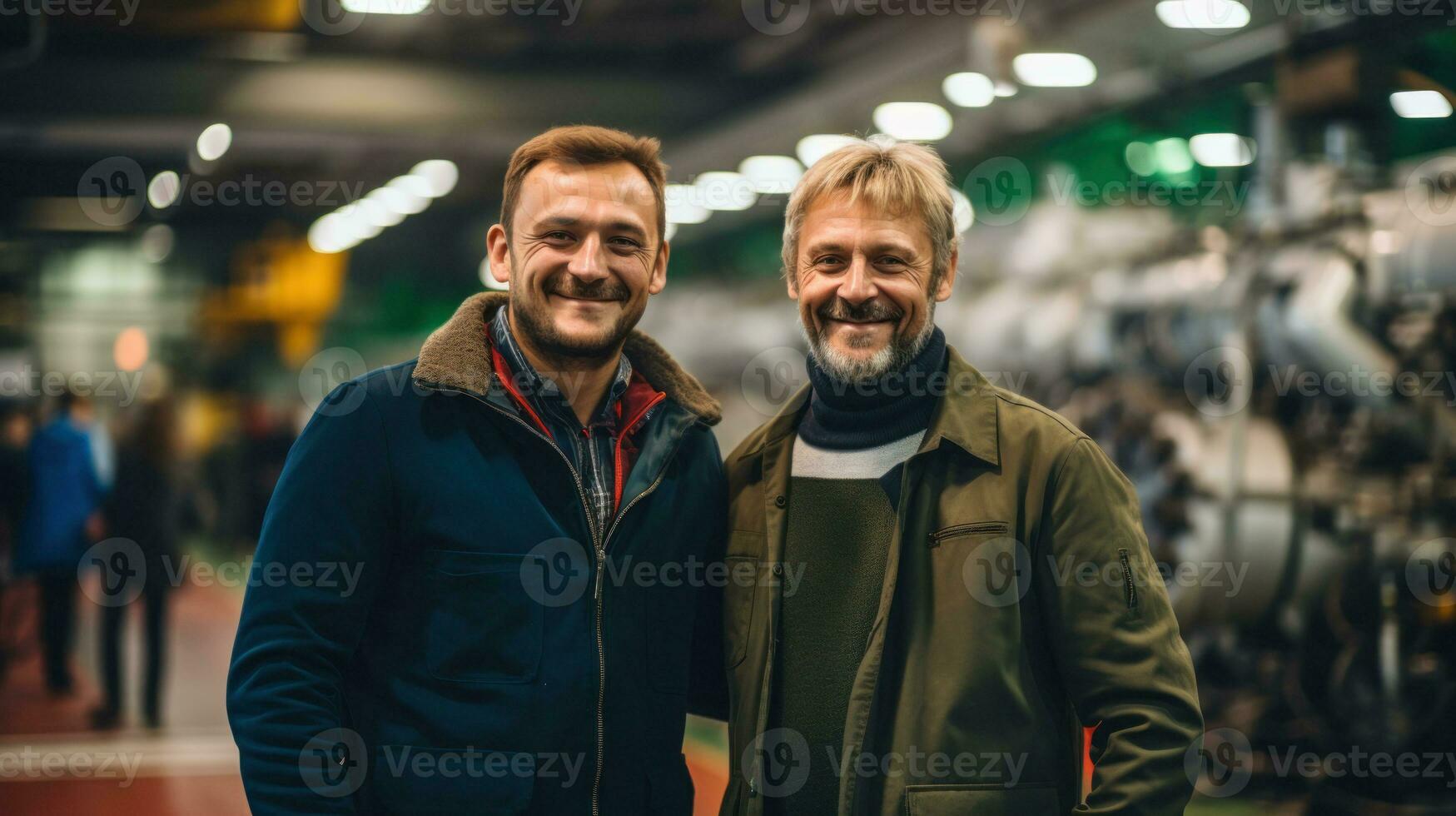 dos hombres sonriente en un fábrica configuración.. generativo ai foto