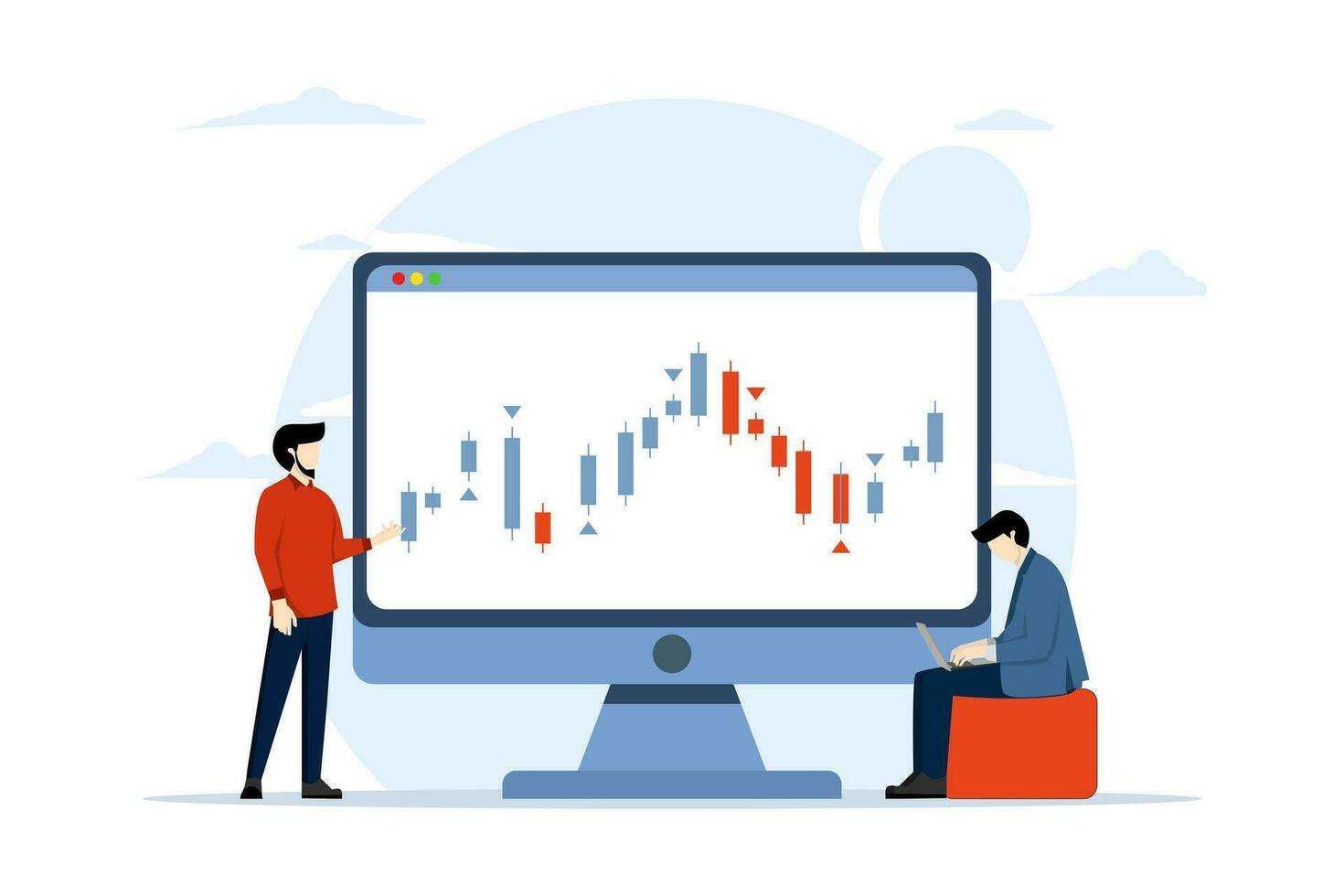 Stock market analysis concept, stock trading, forex, bitcoin, currency, candlestick analyst, analysis, commodities, businessman doing stock market analysis. flat vector illustration for banner.