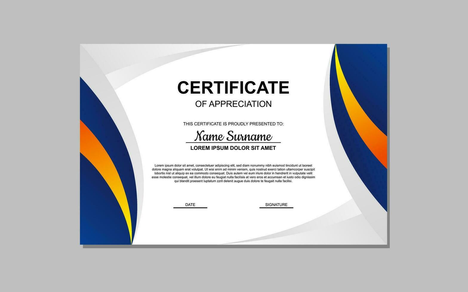 certificado modelo en azul y naranja resumen estilo para apreciación de negocio, educación. certificado diseño para apreciación. vector