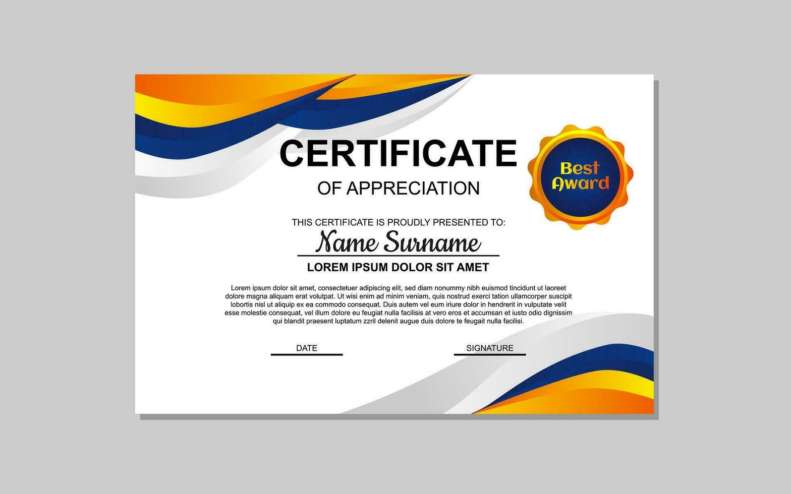 certificate template in blue and orange abstract style for appreciation of business, education. certificate design for appreciation. vector