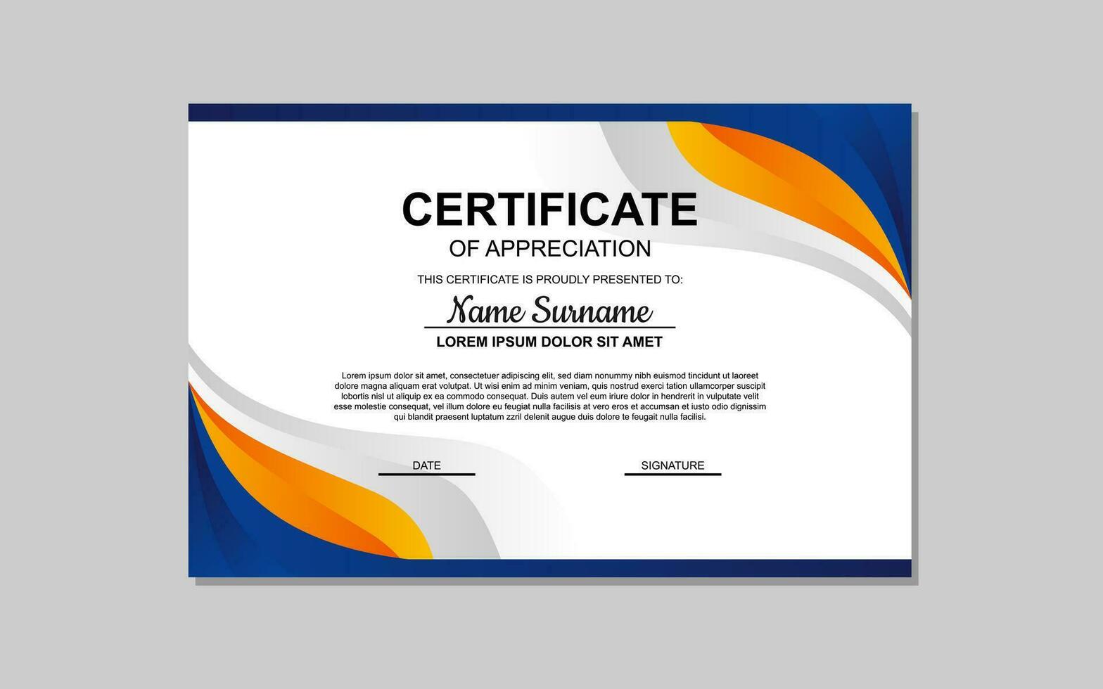certificado modelo en azul y naranja resumen estilo para apreciación de negocio, educación. certificado diseño para apreciación. vector