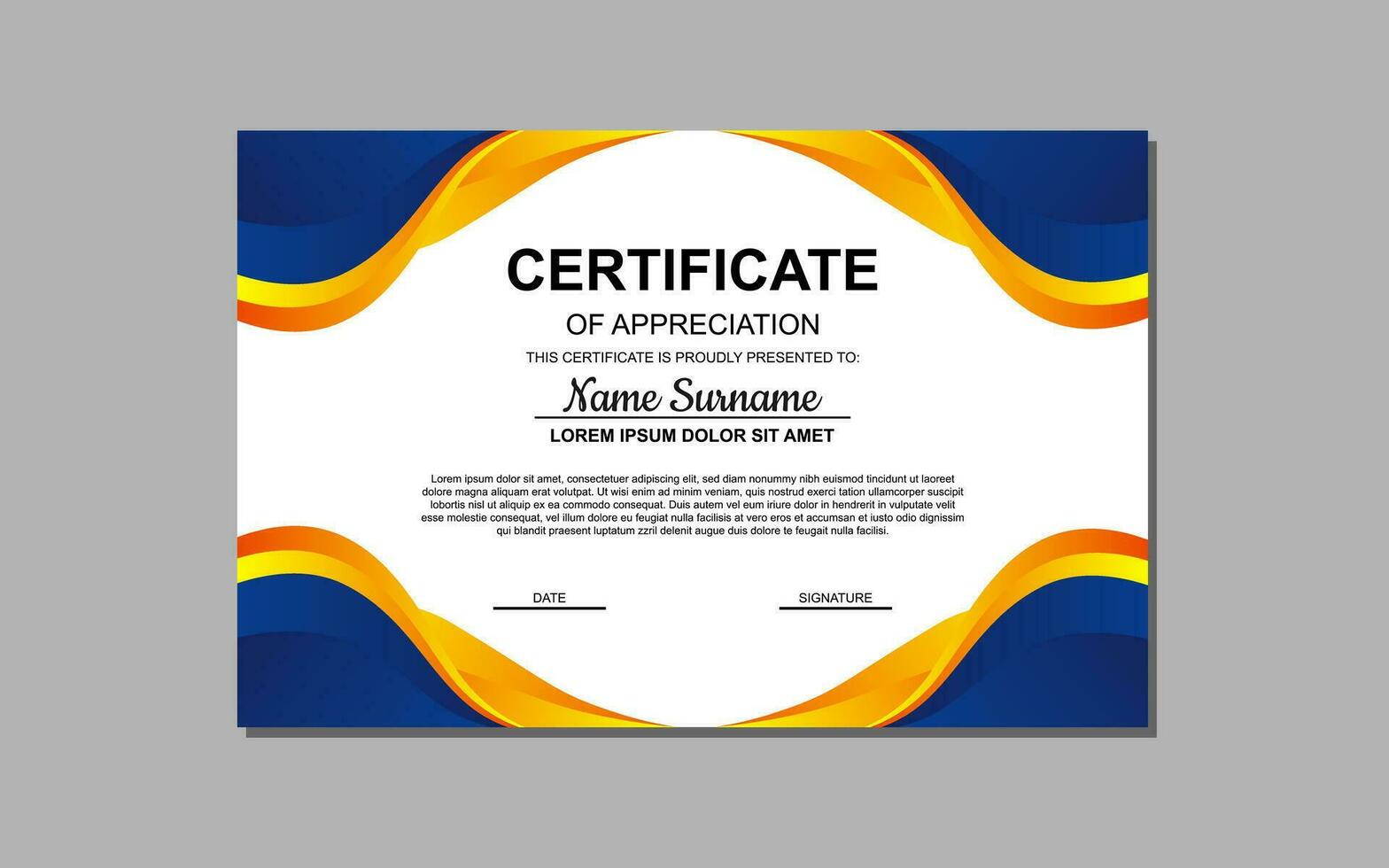 certificate template in blue and orange abstract style for appreciation of business, education. certificate design for appreciation. vector