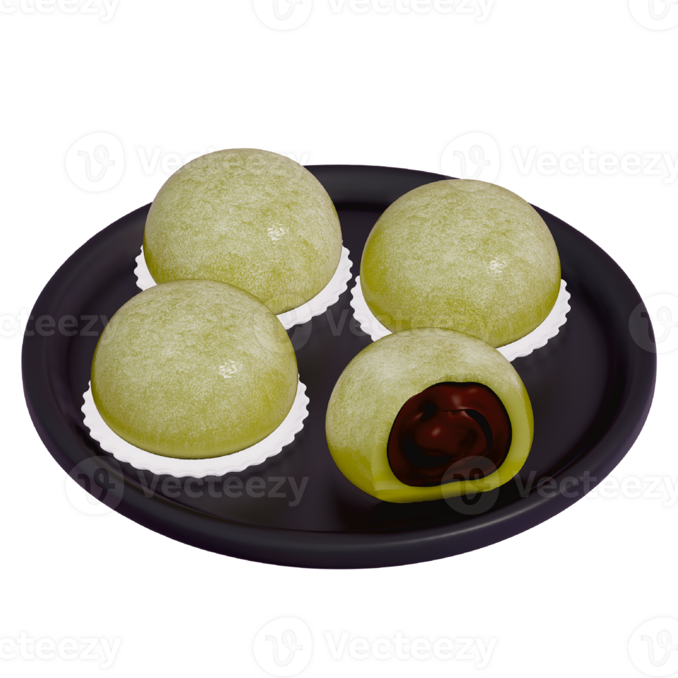 Japanese dessert 3d matcha Red Bean Mochi Delight , 3d rendering on a transparent background png