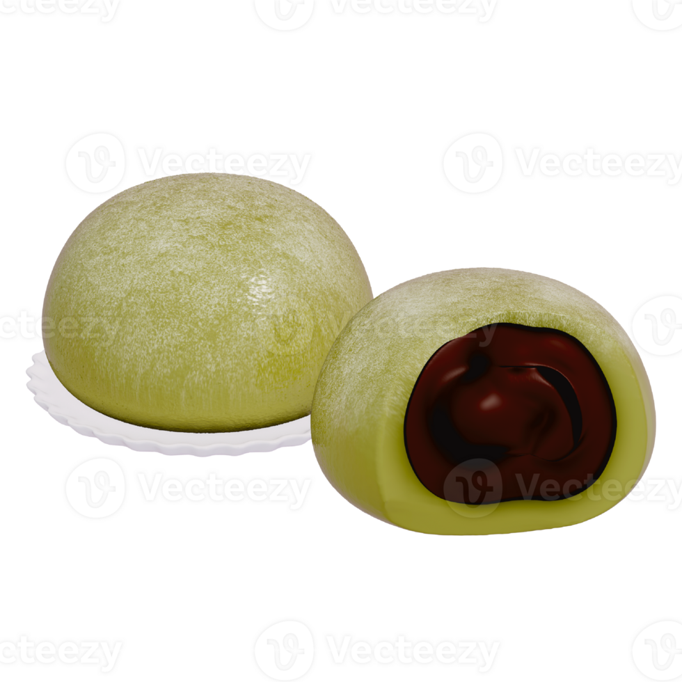 Japanese dessert 3d matcha Red Bean Mochi Delight , 3d rendering on a transparent background png