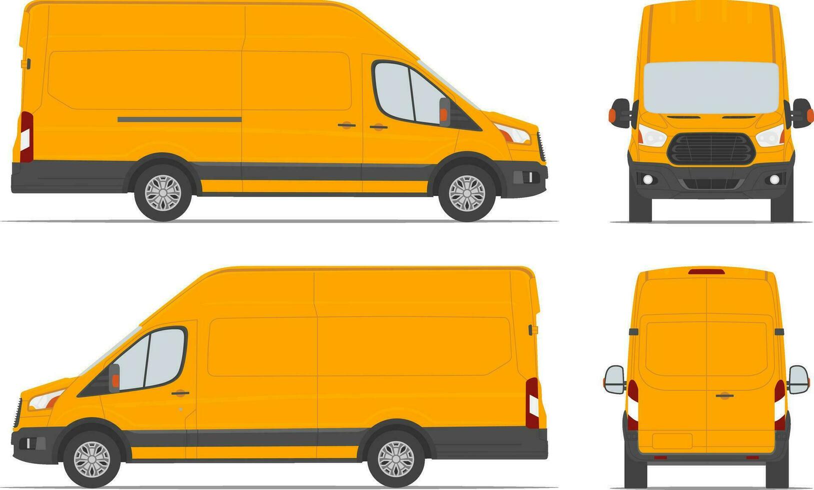 Yellow cargo van for delivery goods in differents view side, back