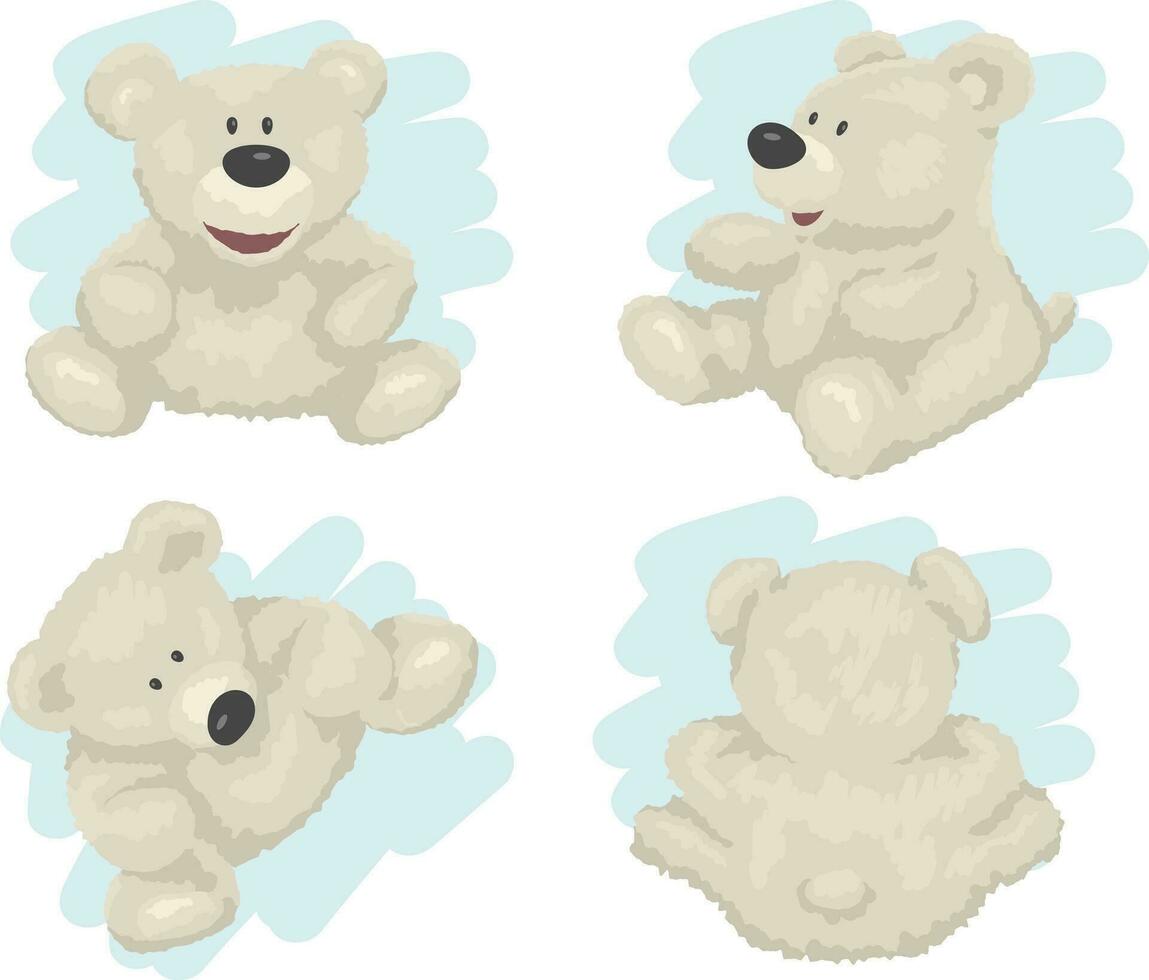 White teddy bear in different poses isolated on background, set. Vector illustration