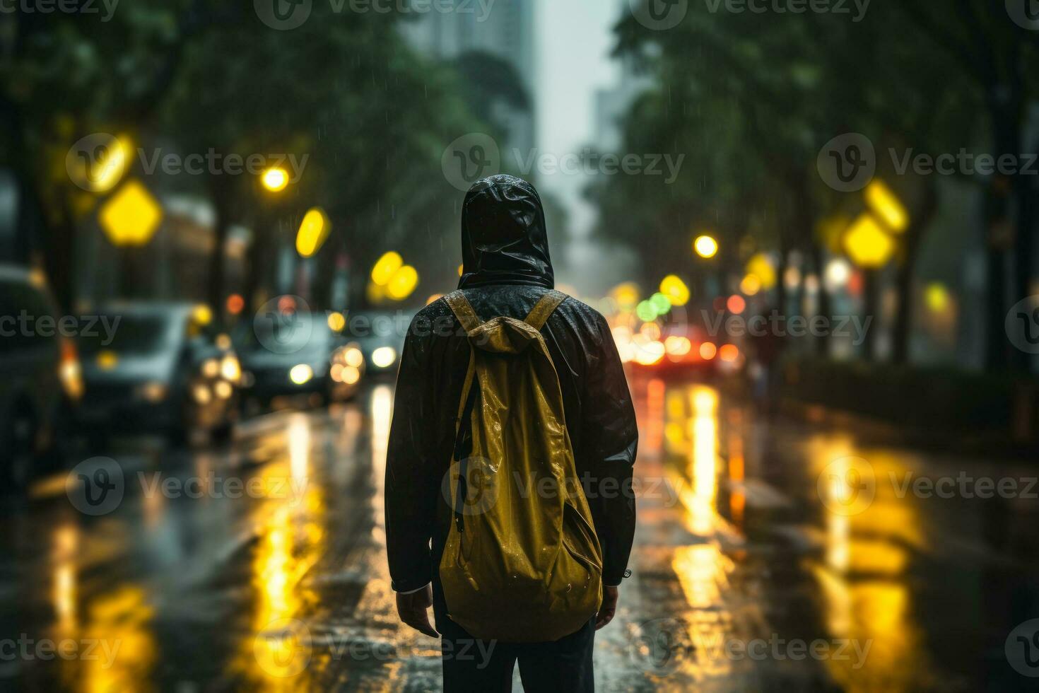 a man with a backpack walks along an evening road in the rain generative ai photo