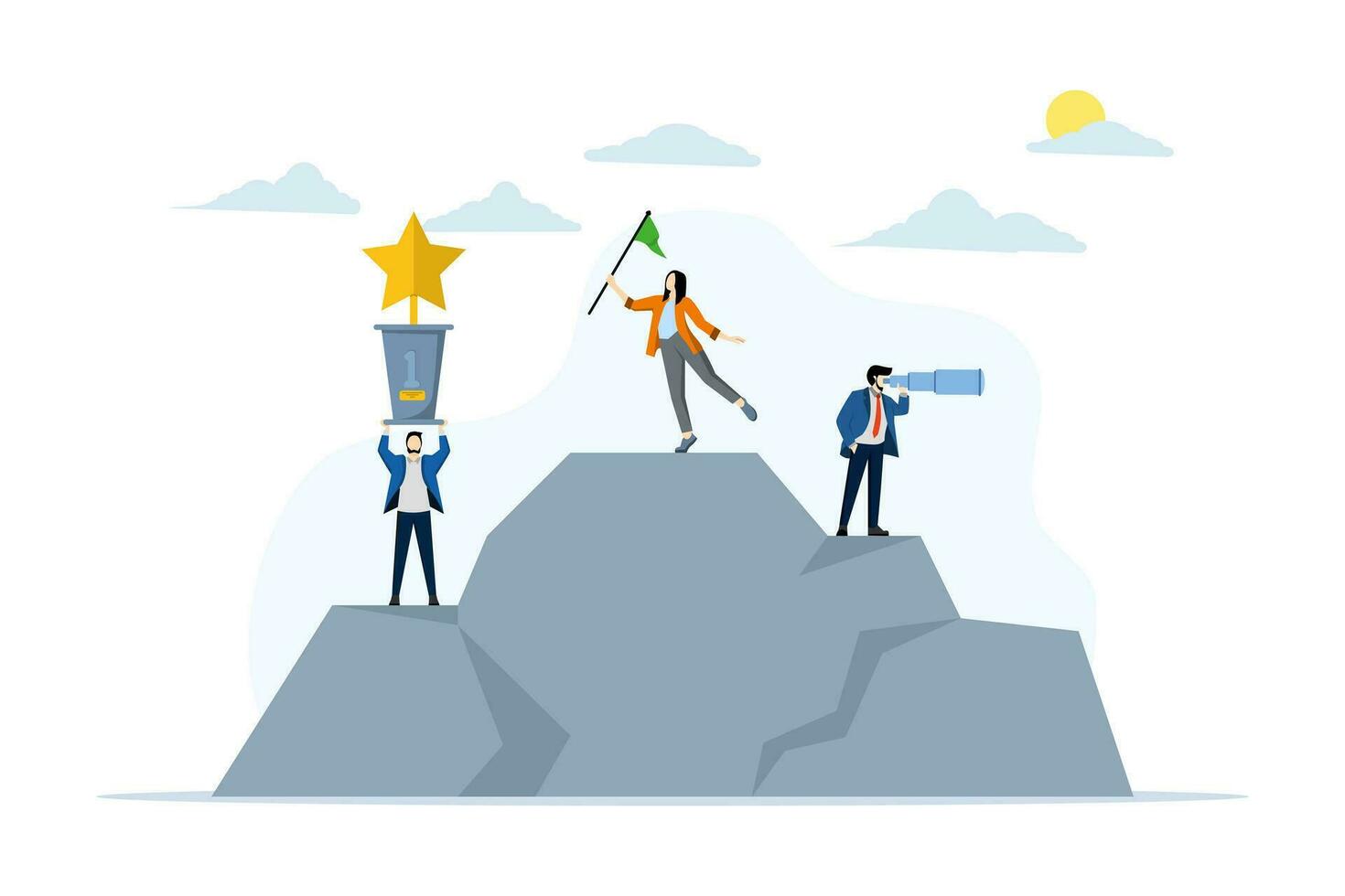 Concept of successful teamwork, career success, team building. the best team of people. Character with prize trophy, flag and telescope. Vector illustration in flat design for web banner.