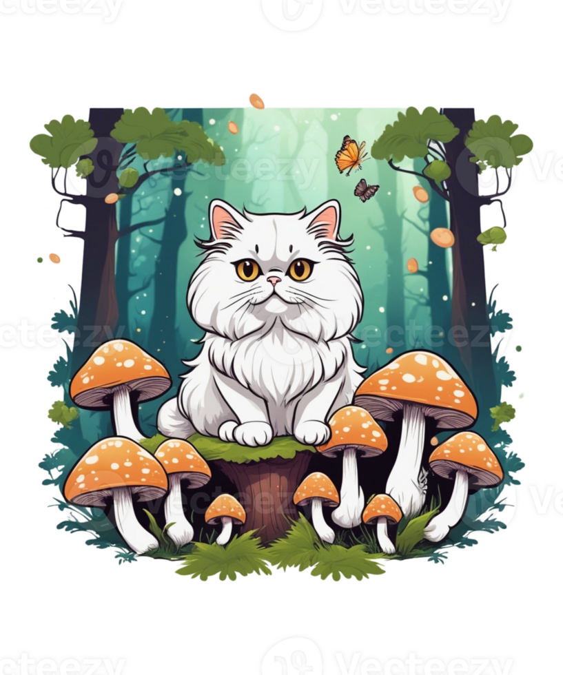 AI Generative Cat and Mushroom Clipart Illustration for Print on Demand