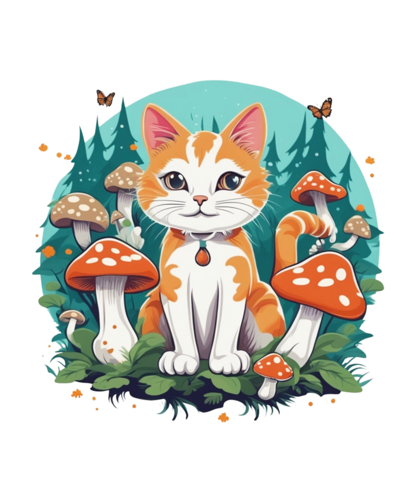 AI Generative Cat and Mushroom Clipart Illustration for Print on Demand websites is Also perfect for any other project png